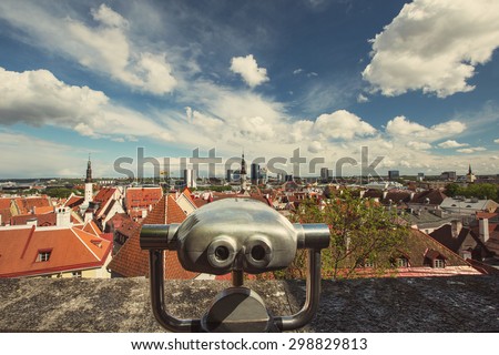Coin Operated Binocular viewer over European Tourist Place of Tallinn old City Estonia.