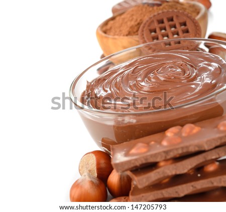 chocolate paste in a glass bowl on a white background