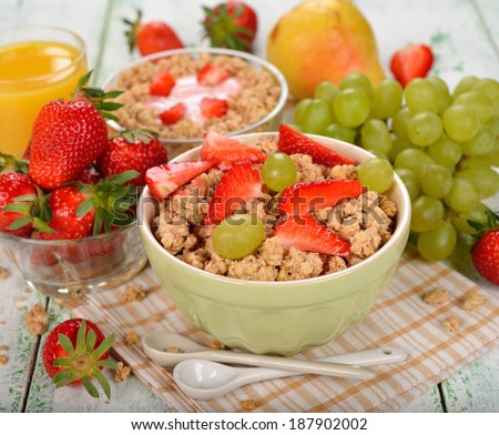 Breakfast cereals with strawberries on a white background