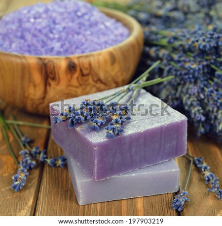 Soap with lavender on brown background