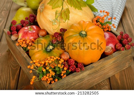 Autumn vegetables in a wooden box on brown background