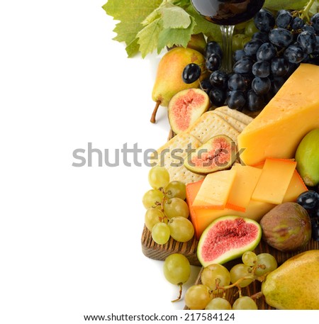 Cheese and fruit on a white background
