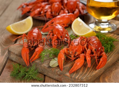 Boiled crawfish on a brown background