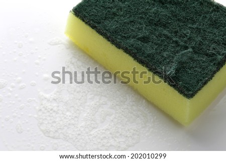 scrubber pad with sponge and bubble of washing liquid
