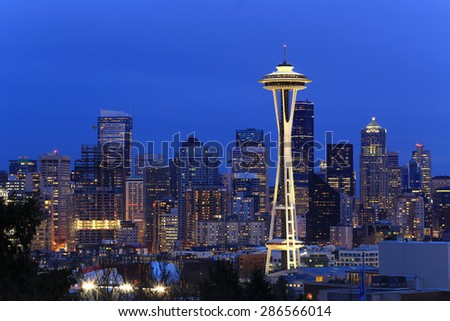 Seattle, Washington, USA - March 2, 2015_Space Needle, Seattle Skyline, view from Kerry Park