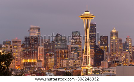 Seattle, Washington, USA - March 2, 2015_Space Needle, Seattle Skyline, view from Kerry Park.