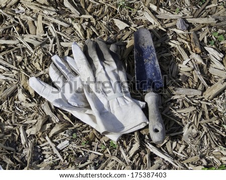 A pair of garden gloves and a trowel left in a bed of mulch.
