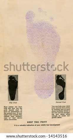 A vintage document of a record of baby\'s foot prints. Approximately 50 years old.