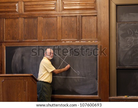 Middle aged bearded professor at blackboard drawing supply and demand curves
