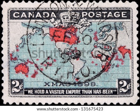 CANADA - CIRCA 1898:  Stamp printed by Canada to honor the Christmas and the extent of the British Empire, circa 1998.