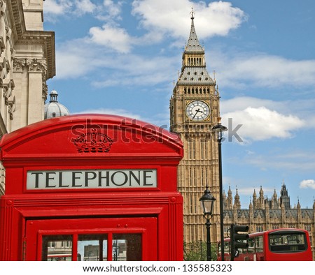 London Telephone Booth, Big Ben, and double decker bus