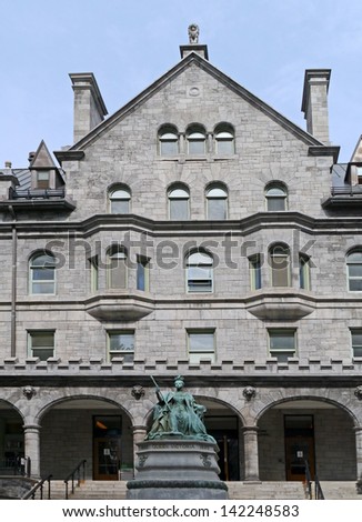 McGill University, Montreal, front, building, exterior, Victorian, stone, statue, Queen Victoria, entrance, steps