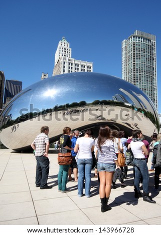 CHICAGO - SEPTEMBER 13, 2010:  The mirrored sculpture popularly known as the Bean (Cloud Gate, by Anish Kapoor), has become one of Chicago\'s most popular attractions, as seen on September 13, 2010.