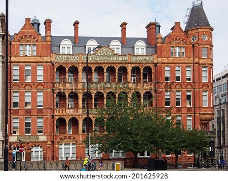 LONDON - AUGUST 4, 2013:  This historic Victorian building is no longer used as a hospital, but has been converted to a student residence.
