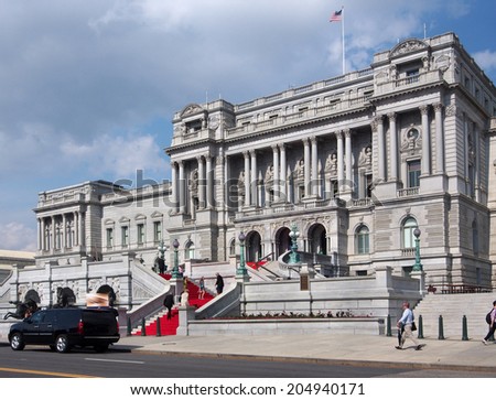 WASHINGTON - CIRCA JUNE 2014:   The Library of Congress, an impressive neo-classical style building on Capitol Hill, is the largest library in the world, and is also rented out for social functions.