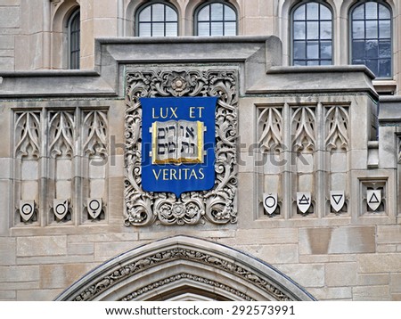 NEW HAVEN, CT - JUNE 2015:  Yale University\'s seal dates from 1722 when Hebrew was part of a theological education.  It appears on many buildings on Yale\'s campus, as seen in New Haven in June 2015.