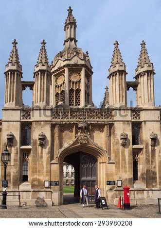 CAMBRIDGE, ENGLAND - JULY 2013:  King\'s College, noted as the college of the economist Keynes, has a very ornate gothic entrance from the street as seen in Cambridge in July 2013.