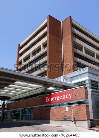 Modern hospital building and emergency entrance