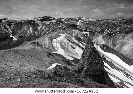 Black & white scenic view from BlÃ?Â¡hnjÃ?Âºkur mountain, Landmannalaugar, Iceland