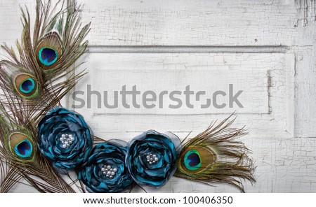 Peacock feathers and flowers on a white antique or vintage door for background