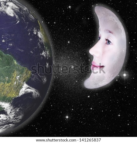 Girls face in the shape of a crescent moon, photograph with star background and above the earth: parts of this image furnished by NASA
