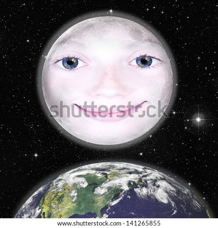 Girls face in the shape of a full moon, photograph with star background and above the earth: parts of this image furnished by NASA