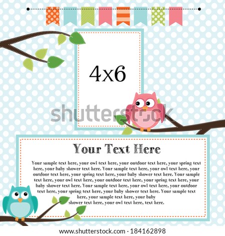 Owl scrapbooking template with banner or bunting and 4x6 frames for photos or text vector format Owl scrapbooking template with banner or bunting and 4x6 frames for photos or text vector format