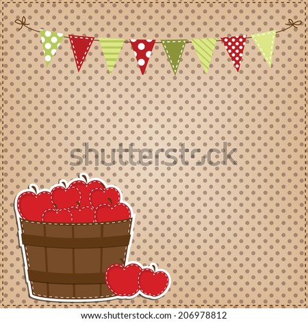 Apples in a basket or a barrel, with bunting or banner with a polka dot background, for scrapbooking