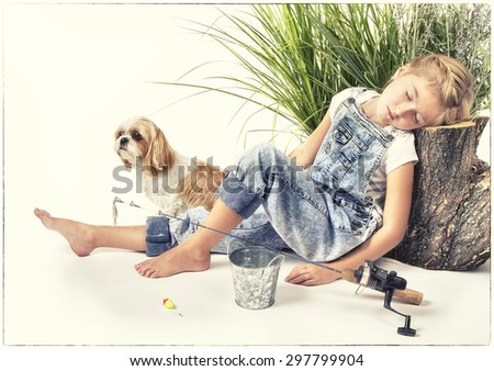 Child or young girl with her dog taking a nap or sleeping while fishing, painterly style with vintage filter applied.