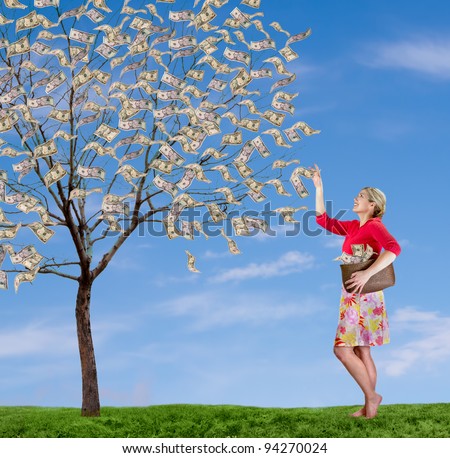 a woman picking money off of a money tree,  with a blue sky and grass.