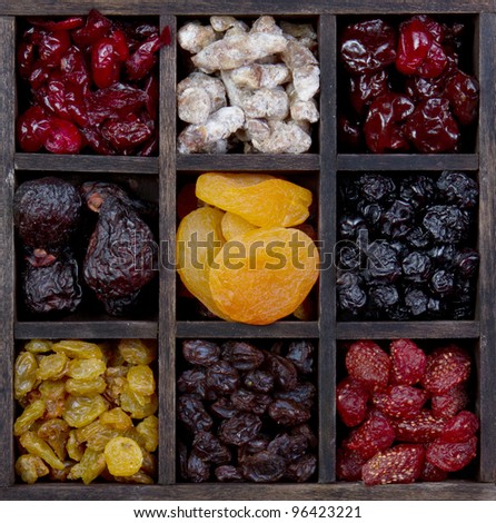 assorted dried fruit in a printers box, figs, cherries, raisins, strawberries, figs, cranberries, blueberries and apricots