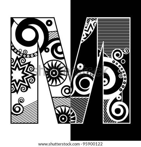 abstract black and white ABC, ornamental letter M