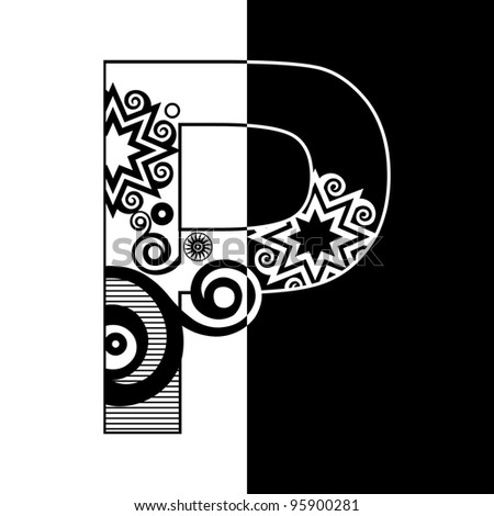 abstract black and white ABC, ornamental letter P