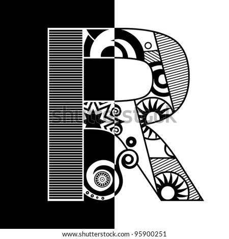 abstract black and white ABC, ornamental letter R
