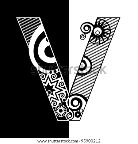 abstract black and white ABC, ornamental letter V