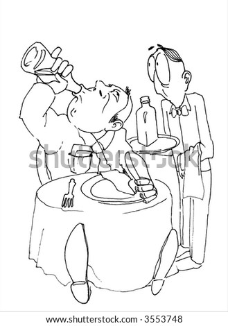 Black-and-white figure-caricature as the greedy alcoholic drinks alcohol from a throat of a bottle at restaurant. Additional vector format EPS