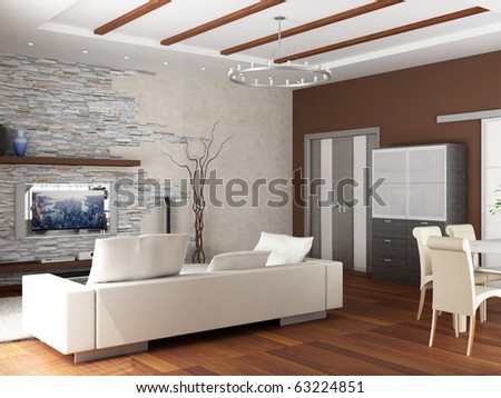 3d rendering. Interior of a modern drawing room of a room with two white sofas and a soft carpet with a kind on kitchen