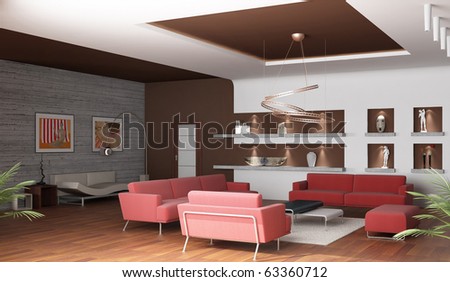 3d rendering. Interior of a spacious drawing room of a room with three red sofas and a white carpet