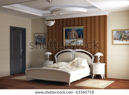 3d rendering. Bedroom with the big double bed with white bed. Design in classical style