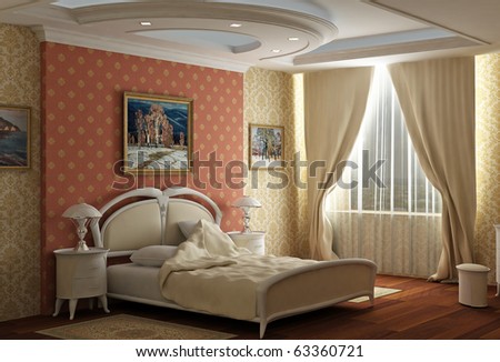 3d rendering. Bedroom with the big double bed with white bed. Design in classical style