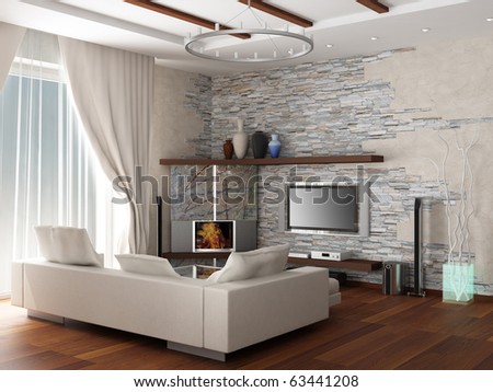 3d rendering. Interior of a modern drawing room of a room with two white sofas and a soft carpet with a kind on kitchen