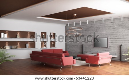 3d rendering. Interior of a spacious drawing room of a room with three red sofas and a white carpet
