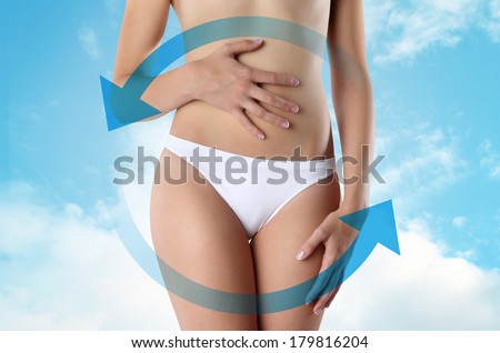 Woman\'s hands on stomach on sky background wellness concept
