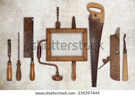 collage work wood tools carpenter and picture frame