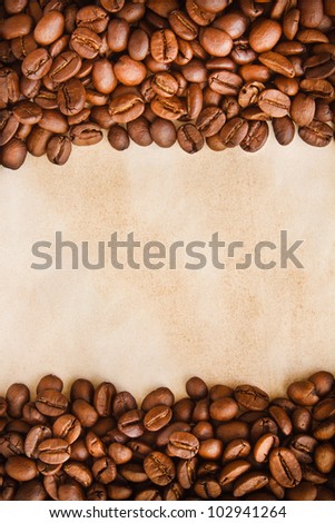 Coffee Beans Border on an Abstract Old Brown Paper Background, Texture
