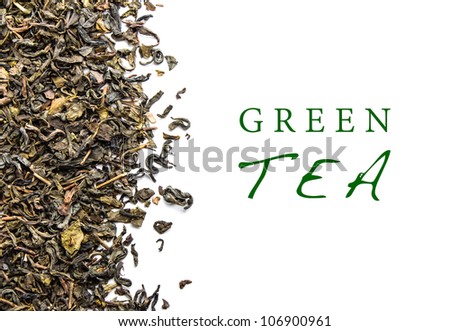 Border from Dry Green Tea Leaves isolated on White Background