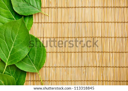 Fresh Natural Green Leaves Border on a Bamboo Mat Background