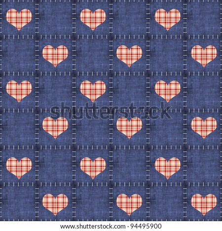 Seamless Denim & Red Plaid Hearts Background Wallpaper
