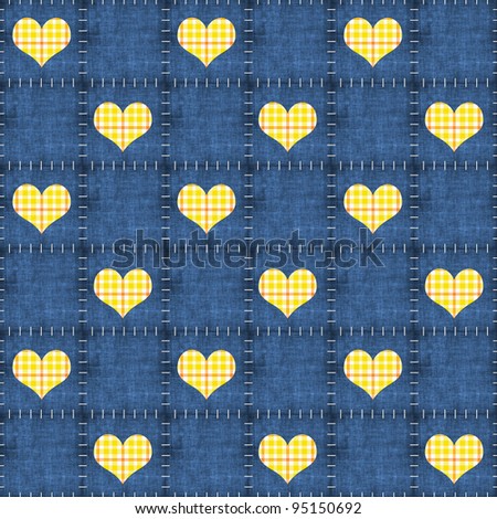 Seamless Denim & Yellow Plaid Hearts Background Wallpaper
