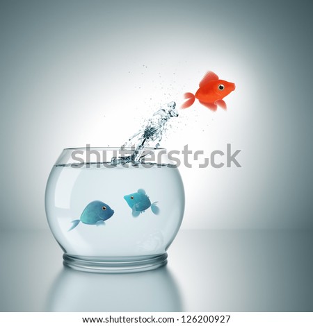 A fishbowl with a red fish jumping out of the water